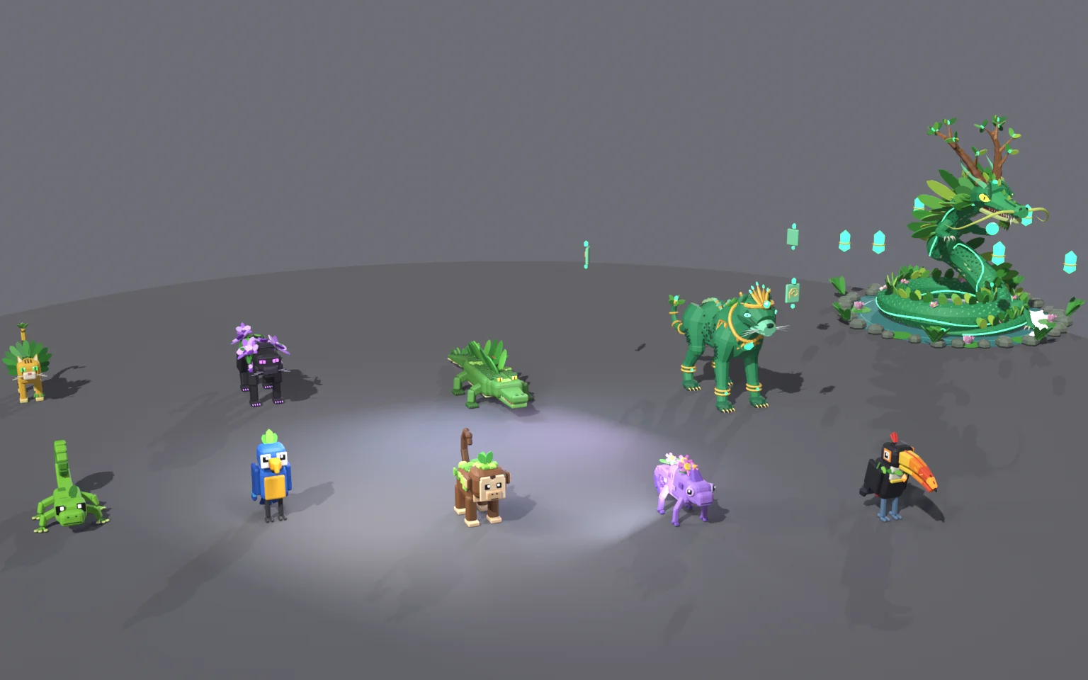Blender-render van tien creatures uit de zone Overgrown Jungle, met rechts een groot groen draakachtig dier