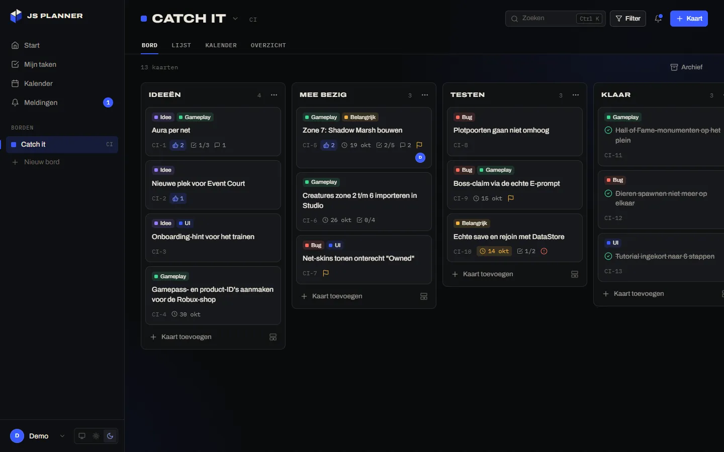 Het bord Catch it in de JS Planner, met de kolommen Ideeën, Mee bezig, Testen en Klaar